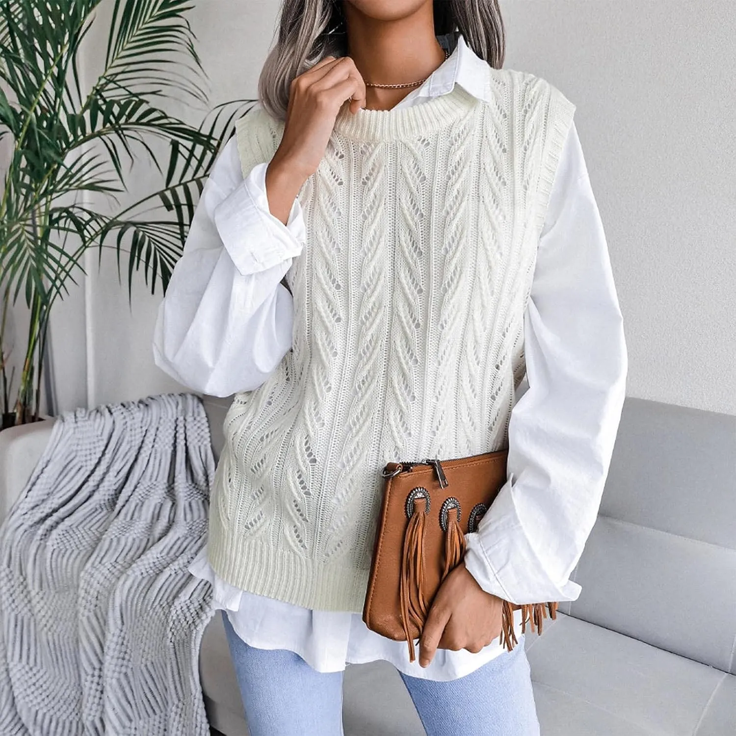 Striped Sweater Women Sleeveless V Neck Sweater Vest 2023 Fall Oversized Knit Pullover Sweaters Tank Jumper Tops