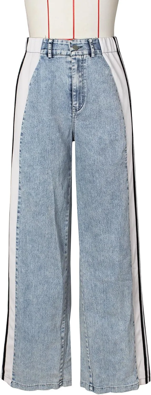 Stripes High Waisted Jeans for Women Color Block Floor Length Wide Leg Denim Pants Stretch Baggy Jeans Long Pants