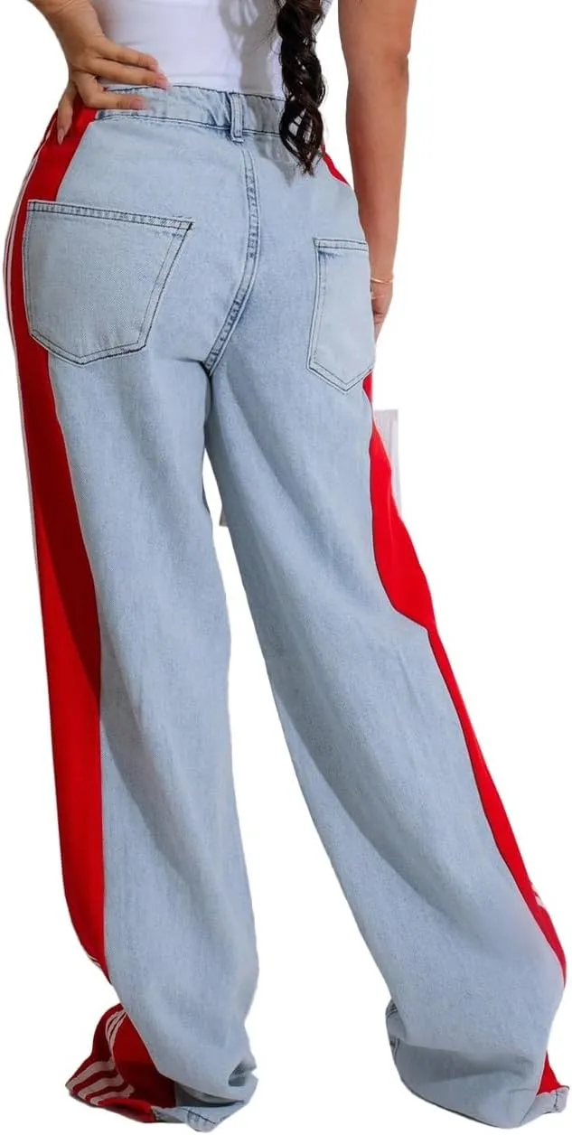Stripes High Waisted Jeans for Women Color Block Floor Length Wide Leg Denim Pants Stretch Baggy Jeans Long Pants