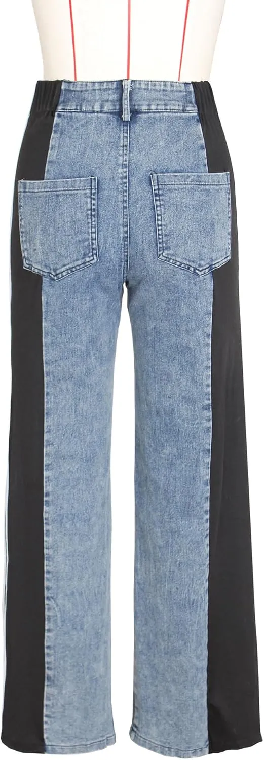 Stripes High Waisted Jeans for Women Color Block Floor Length Wide Leg Denim Pants Stretch Baggy Jeans Long Pants