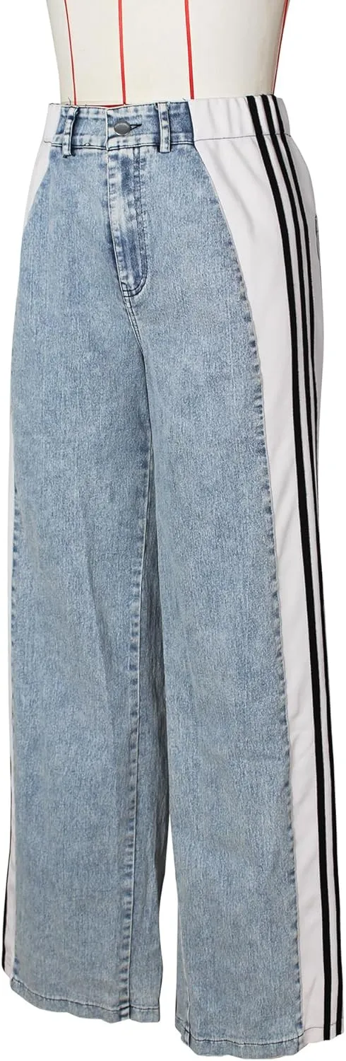 Stripes High Waisted Jeans for Women Color Block Floor Length Wide Leg Denim Pants Stretch Baggy Jeans Long Pants