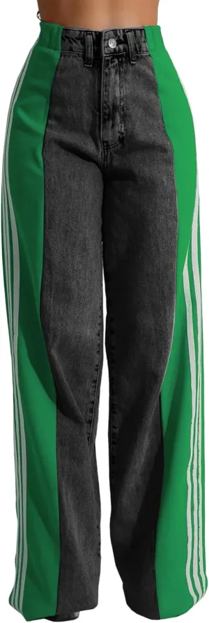 Stripes High Waisted Jeans for Women Color Block Floor Length Wide Leg Denim Pants Stretch Baggy Jeans Long Pants