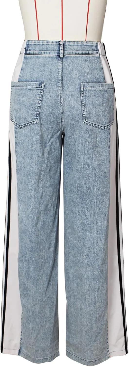 Stripes High Waisted Jeans for Women Color Block Floor Length Wide Leg Denim Pants Stretch Baggy Jeans Long Pants