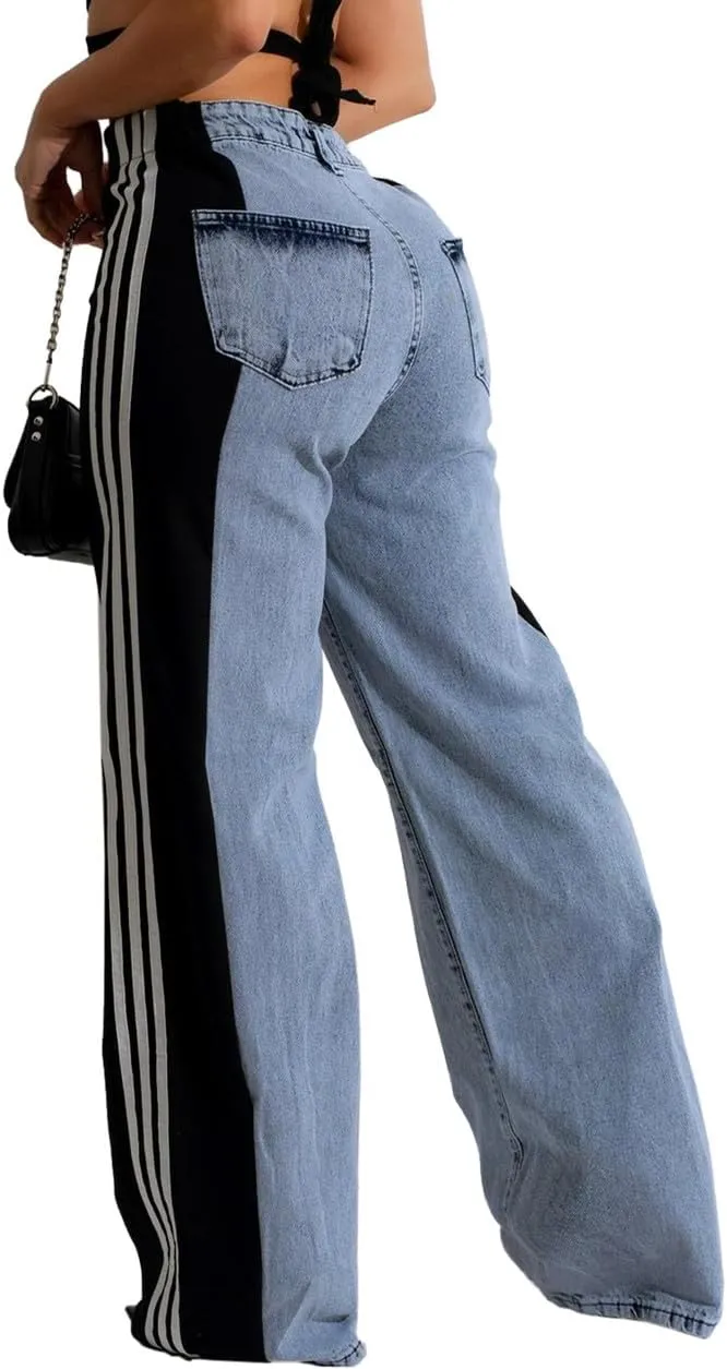 Stripes High Waisted Jeans for Women Color Block Floor Length Wide Leg Denim Pants Stretch Baggy Jeans Long Pants