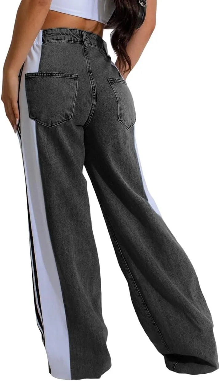 Stripes High Waisted Jeans for Women Color Block Floor Length Wide Leg Denim Pants Stretch Baggy Jeans Long Pants