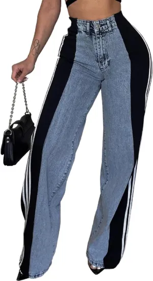 Stripes High Waisted Jeans for Women Color Block Floor Length Wide Leg Denim Pants Stretch Baggy Jeans Long Pants