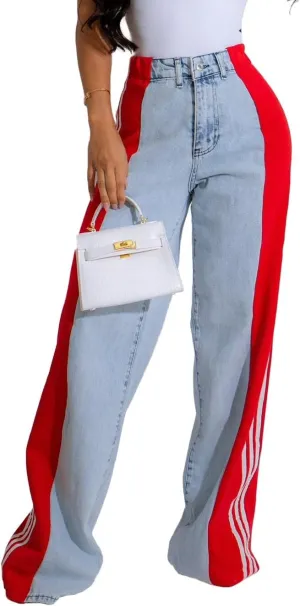 Stripes High Waisted Jeans for Women Color Block Floor Length Wide Leg Denim Pants Stretch Baggy Jeans Long Pants