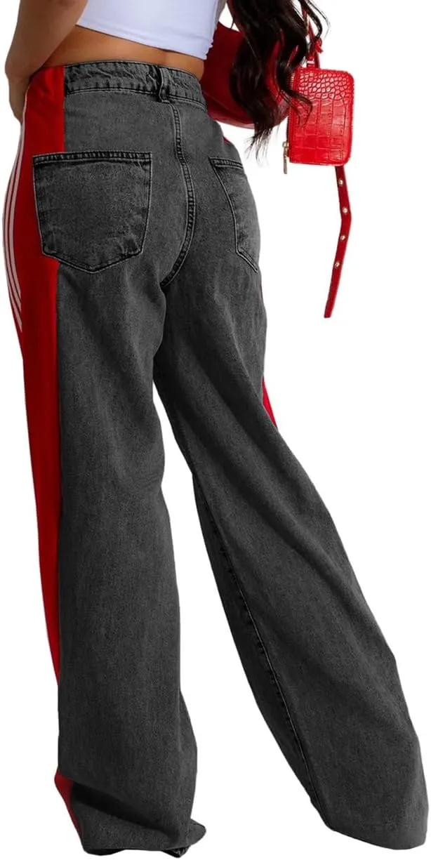 Stripes High Waisted Jeans for Women Color Block Floor Length Wide Leg Denim Pants Stretch Baggy Jeans Long Pants
