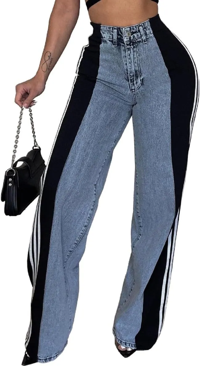Stripes High Waisted Jeans for Women Color Block Floor Length Wide Leg Denim Pants Stretch Baggy Jeans Long Pants