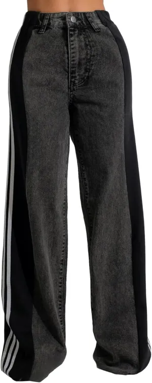 Stripes High Waisted Jeans for Women Color Block Floor Length Wide Leg Denim Pants Stretch Baggy Jeans Long Pants