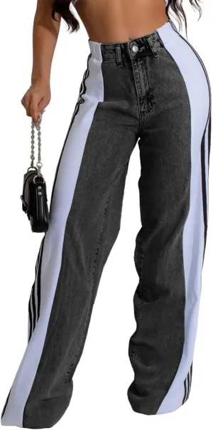 Stripes High Waisted Jeans for Women Color Block Floor Length Wide Leg Denim Pants Stretch Baggy Jeans Long Pants