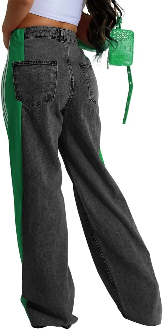 Stripes High Waisted Jeans for Women Color Block Floor Length Wide Leg Denim Pants Stretch Baggy Jeans Long Pants
