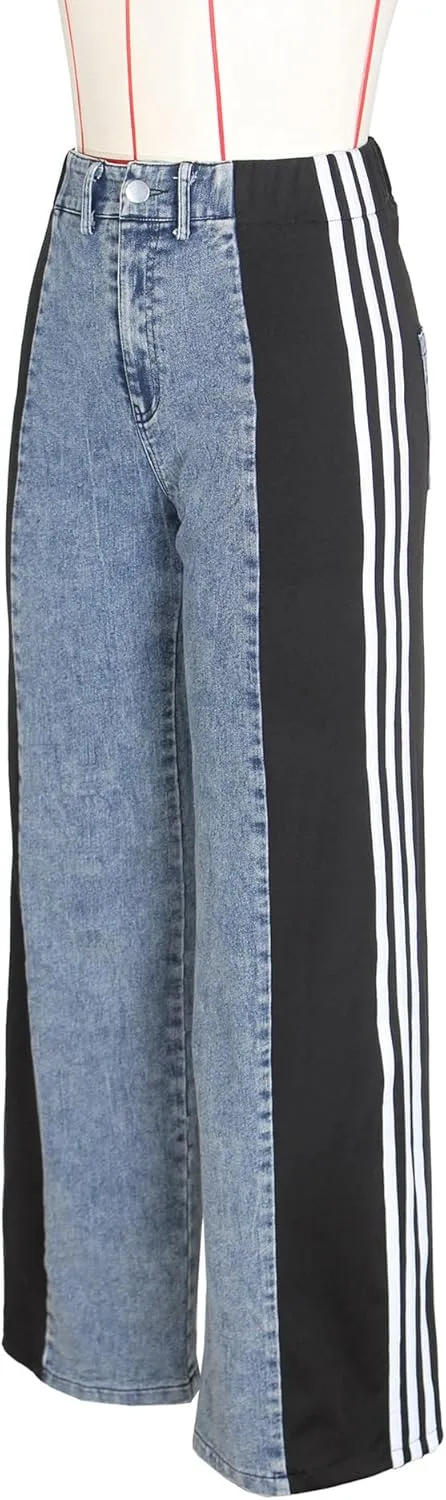 Stripes High Waisted Jeans for Women Color Block Floor Length Wide Leg Denim Pants Stretch Baggy Jeans Long Pants
