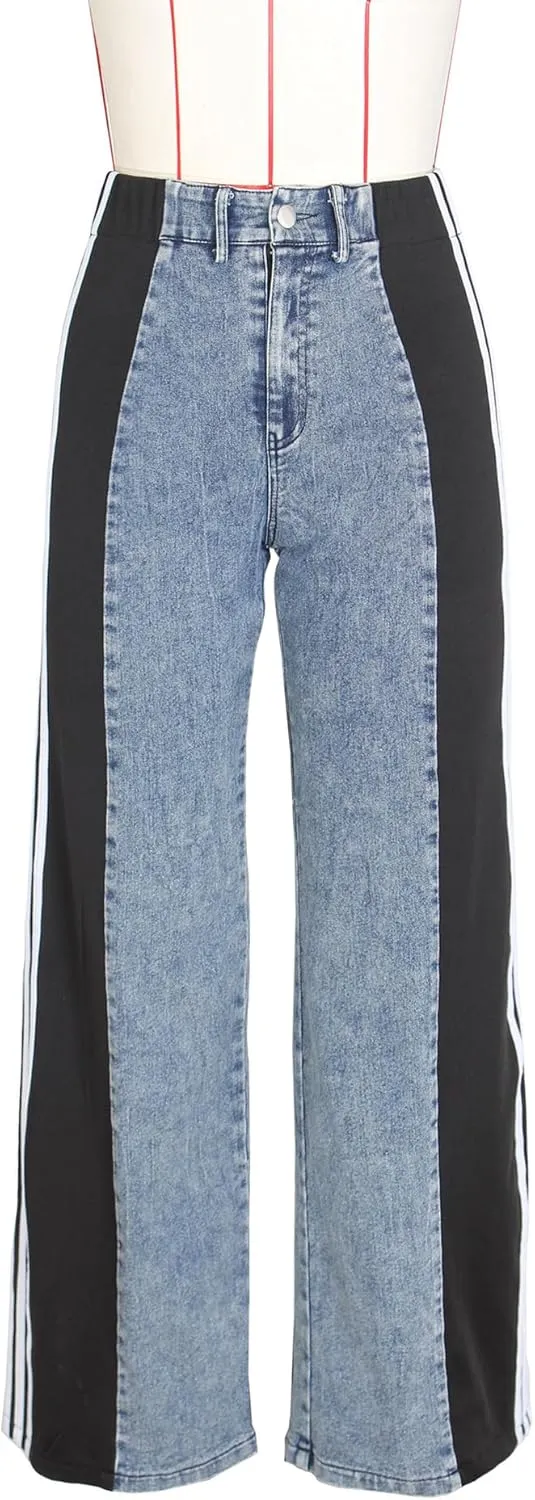 Stripes High Waisted Jeans for Women Color Block Floor Length Wide Leg Denim Pants Stretch Baggy Jeans Long Pants