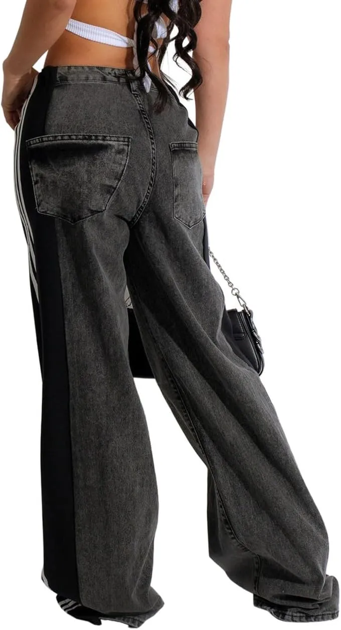 Stripes High Waisted Jeans for Women Color Block Floor Length Wide Leg Denim Pants Stretch Baggy Jeans Long Pants