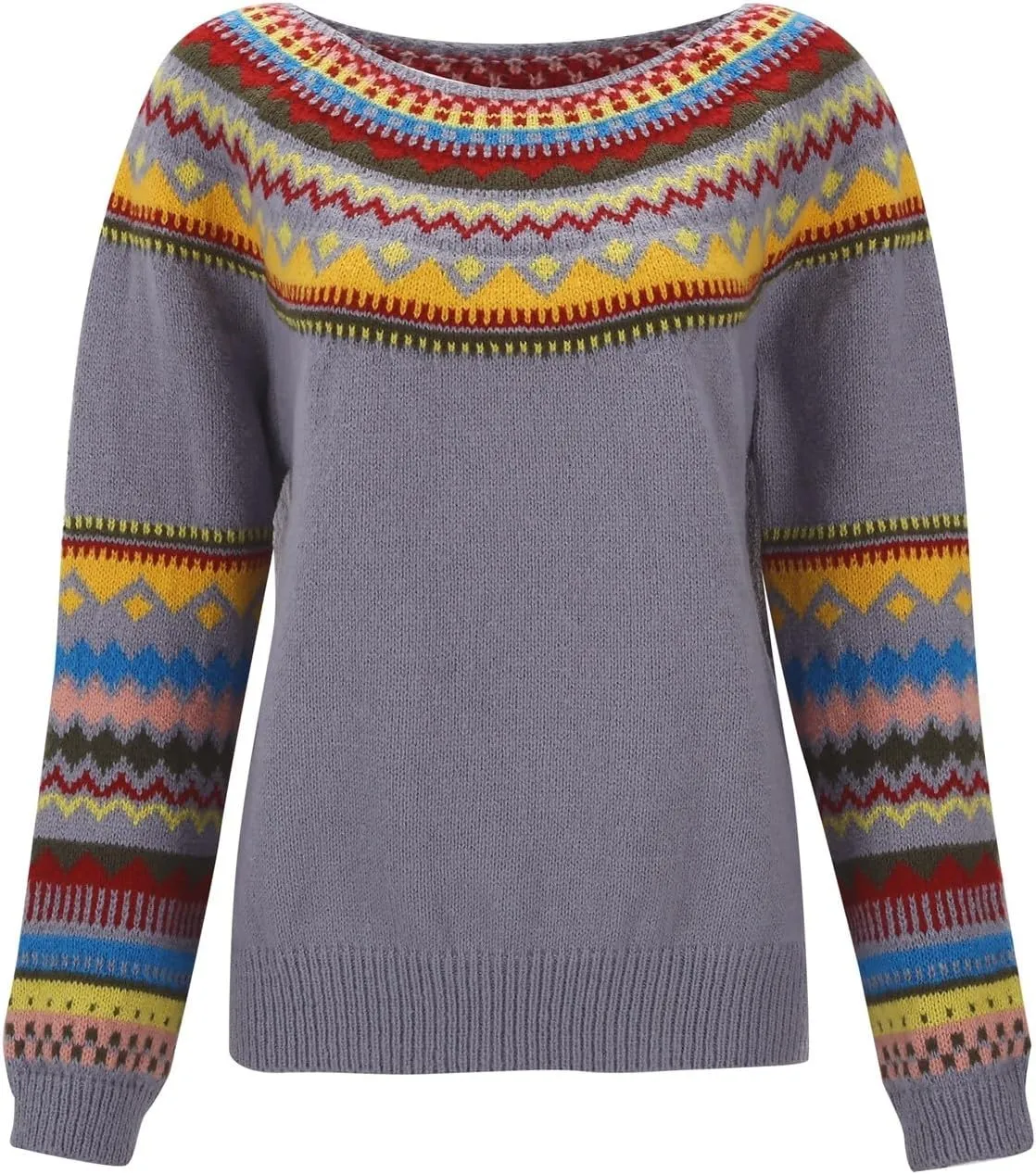 Sweaters for Women Fair Isle Knitted Sweaters Holiday Pullover Sweaters Crewneck Long Sleeve Striped Knitted Tops