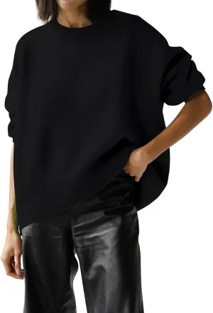 Sweaters for Women Loose Round Neck Long Sleeve Knit Solid Color Casual Sweater