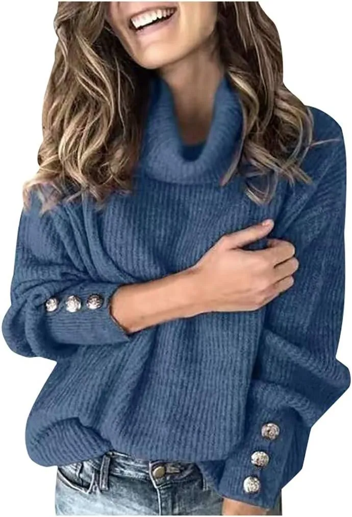 Sweaters for Women Sleeve Knitted Tops Pullover Turtleneck Sweater Long Sweater Fall Sweaters Round Neck Loose