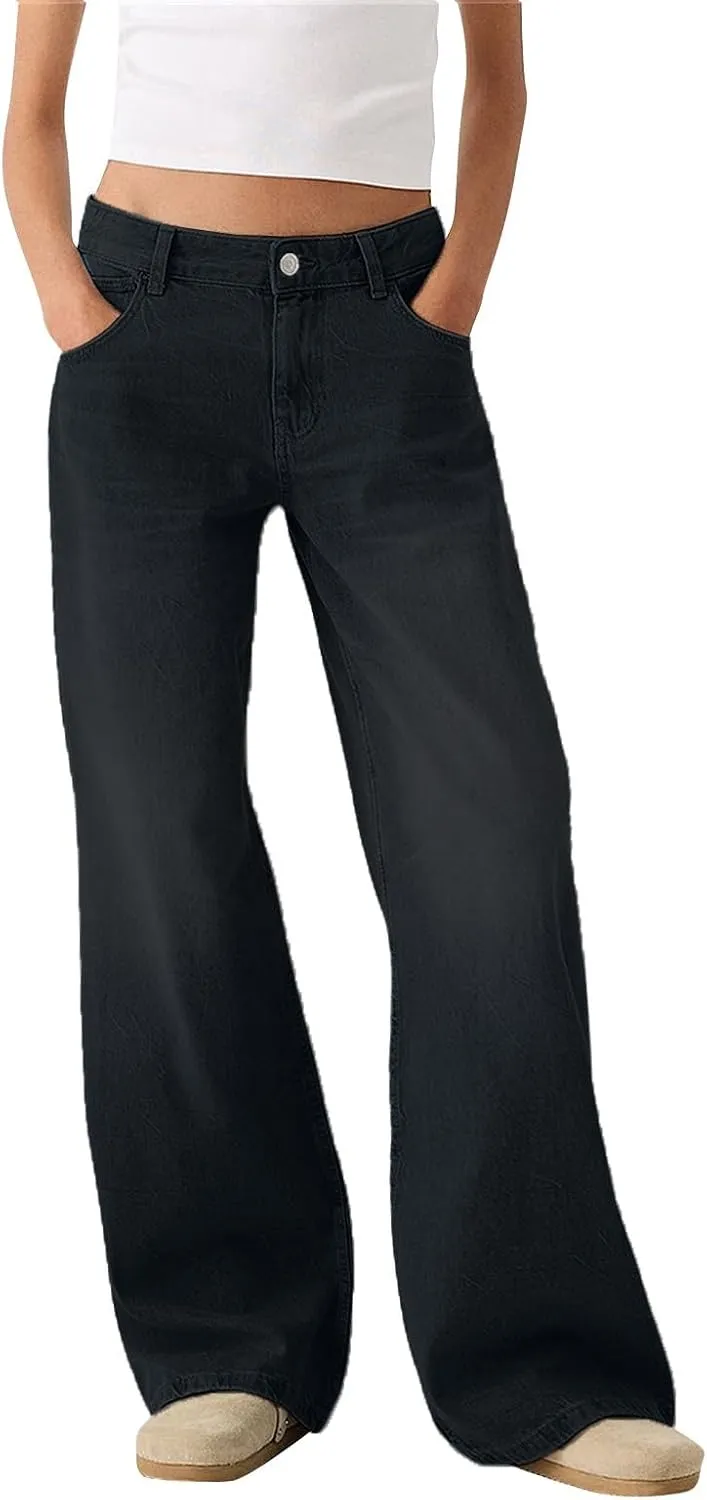 Sweatpant Jeans Women Low Rise Baggy Denim Pants with Pockets Loose Casual Vintage Boyfriend Wide Leg Barrel Jeans