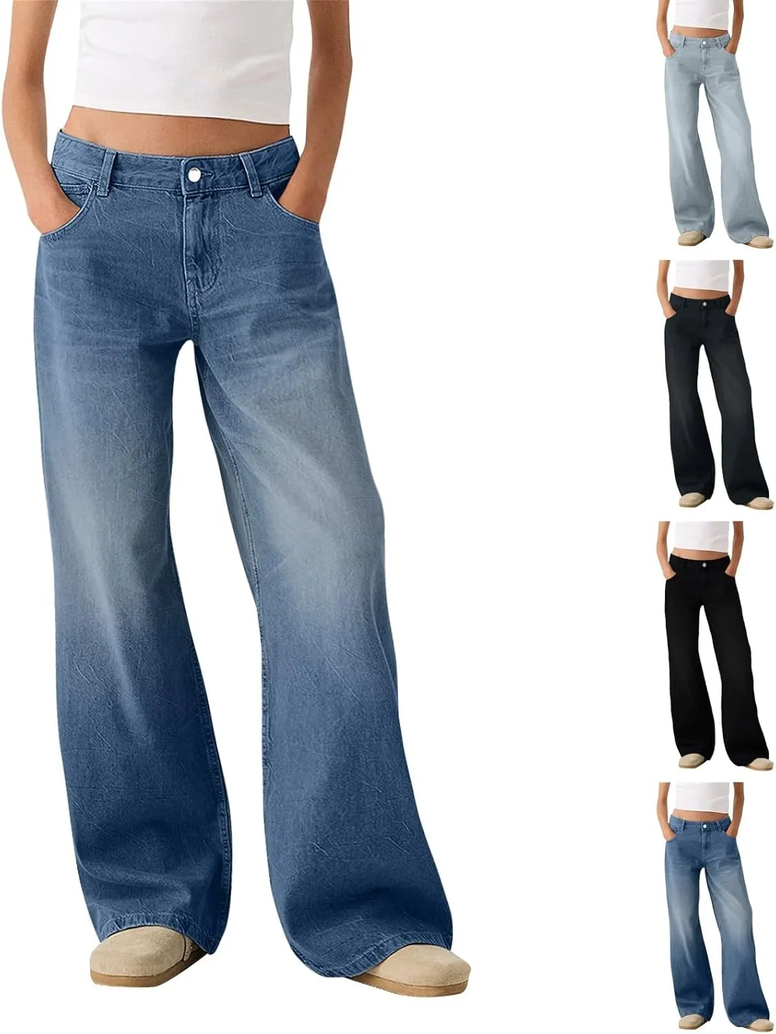 Sweatpant Jeans Women Low Rise Baggy Denim Pants with Pockets Loose Casual Vintage Boyfriend Wide Leg Barrel Jeans