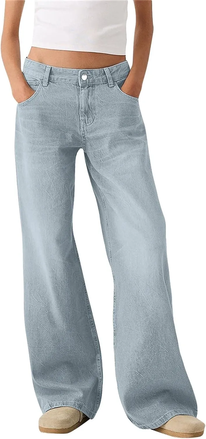 Sweatpant Jeans Women Low Rise Baggy Denim Pants with Pockets Loose Casual Vintage Boyfriend Wide Leg Barrel Jeans