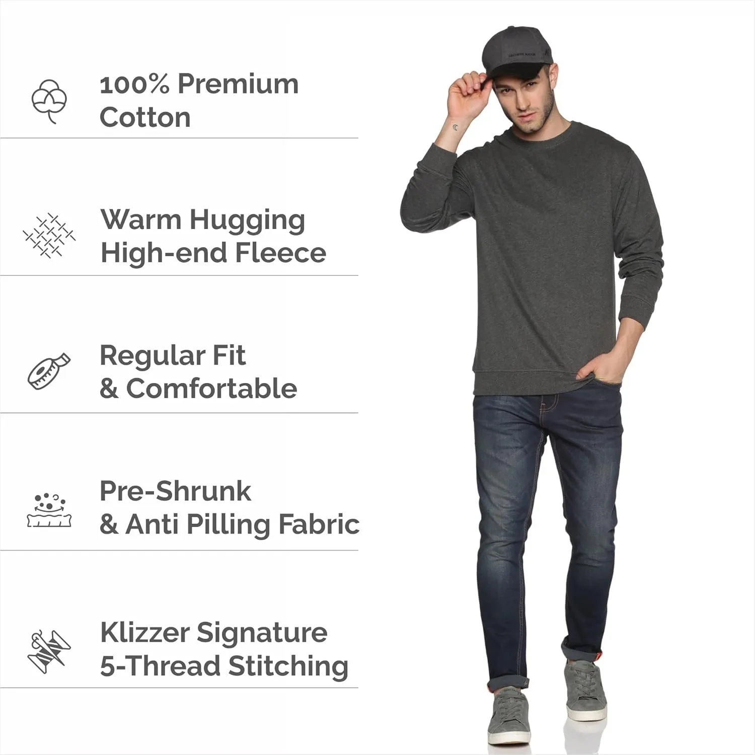 Sweatshirt for Mens 100% Cotton Crewneck Long Sleeve Heavyweight Regular Fit Pullover Warm Plain Top