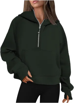 TANGNADE Hooded Sweatshirts Women Half Zip Cropped Fleece Pullover Quarter Zipper Thumb Hole Hoodies with Pockets