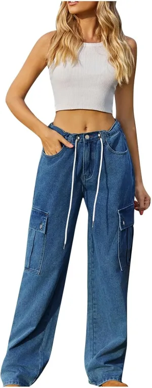 TANGNADE Womens Baggy Jeans Tall High Waisted Cargo Pants Flat Pocket Straight Leg Jeans Trendy Outfits for Women