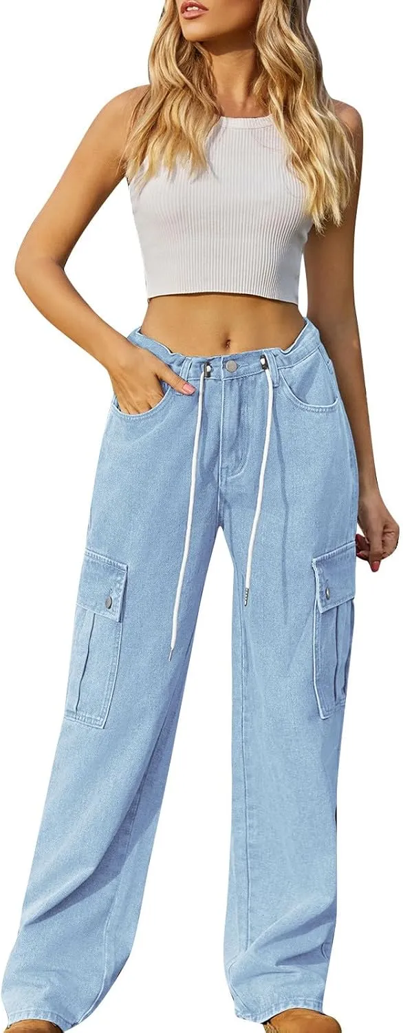 TANGNADE Womens Baggy Jeans Tall High Waisted Cargo Pants Flat Pocket Straight Leg Jeans Trendy Outfits for Women