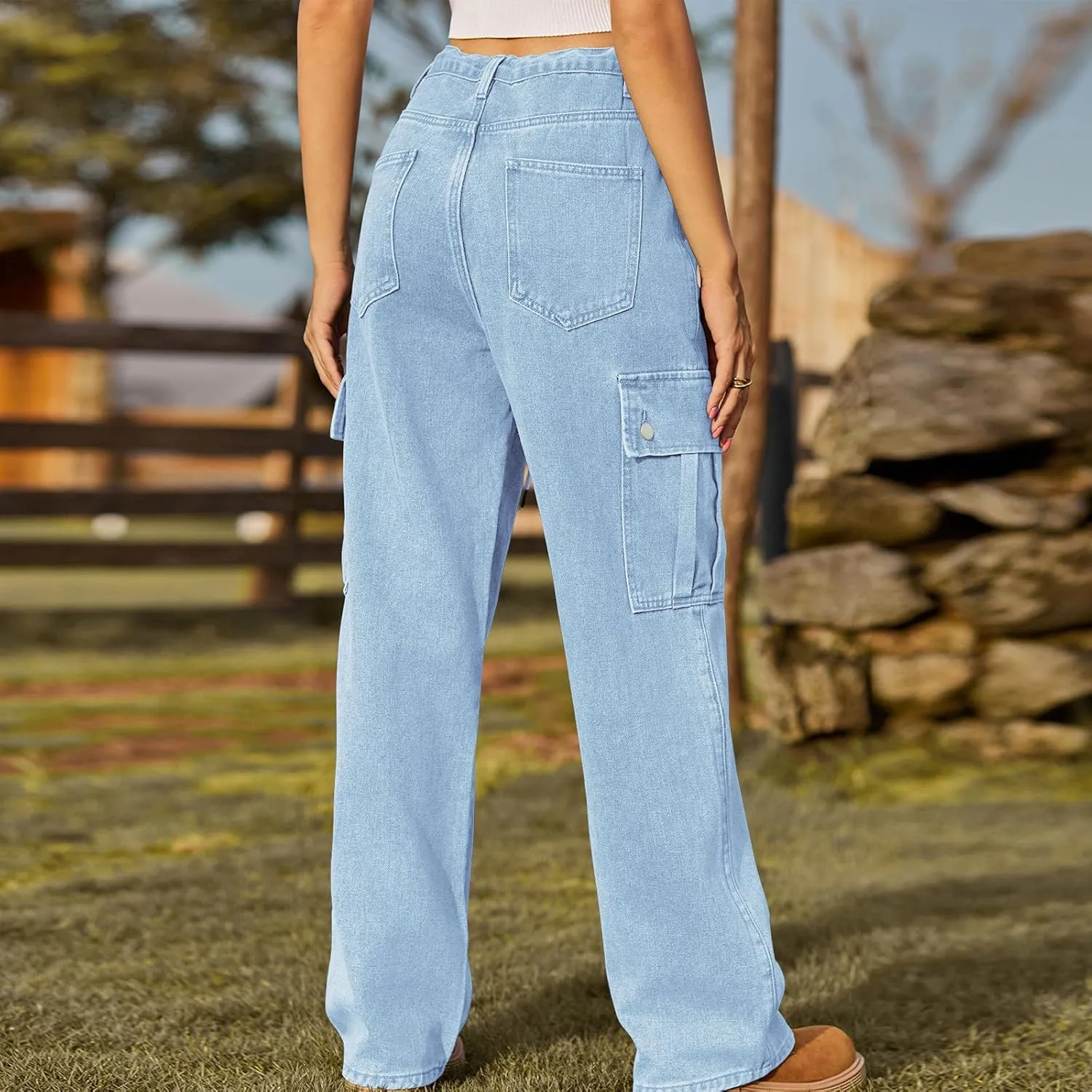 TANGNADE Womens Baggy Jeans Tall High Waisted Cargo Pants Flat Pocket Straight Leg Jeans Trendy Outfits for Women