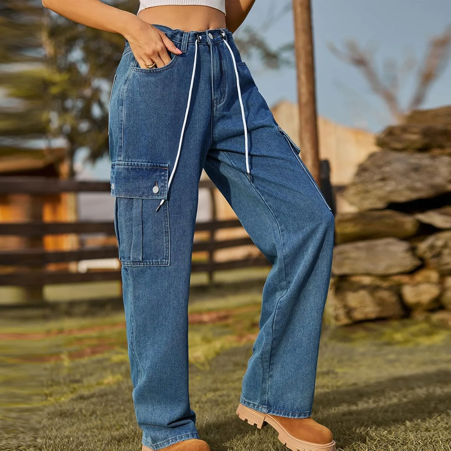 TANGNADE Womens Baggy Jeans Tall High Waisted Cargo Pants Flat Pocket Straight Leg Jeans Trendy Outfits for Women