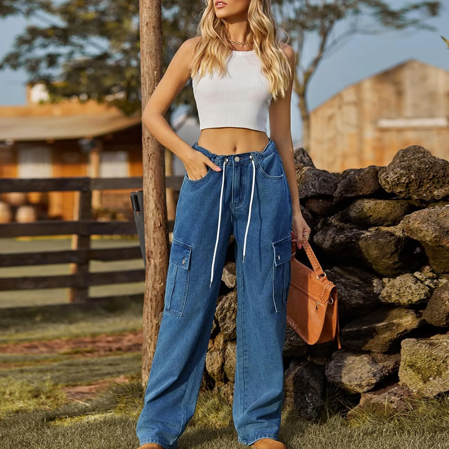 TANGNADE Womens Baggy Jeans Tall High Waisted Cargo Pants Flat Pocket Straight Leg Jeans Trendy Outfits for Women