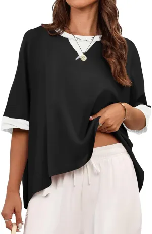 Tankaneo Womens Oversized Color Block T-Shirts Summer Casual Short Sleeve High Low Tops Flowy Loose Fit Crew Neck Shirts