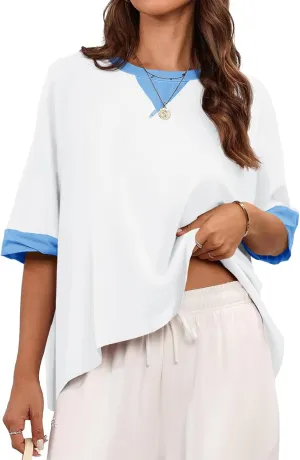 Tankaneo Womens Oversized Color Block T-Shirts Summer Casual Short Sleeve High Low Tops Flowy Loose Fit Crew Neck Shirts