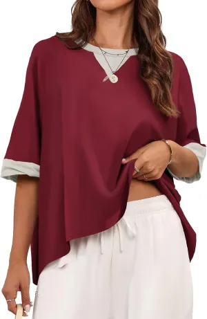 Tankaneo Womens Oversized Color Block T-Shirts Summer Casual Short Sleeve High Low Tops Flowy Loose Fit Crew Neck Shirts
