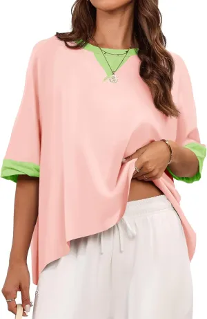 Tankaneo Womens Oversized Color Block T-Shirts Summer Casual Short Sleeve High Low Tops Flowy Loose Fit Crew Neck Shirts