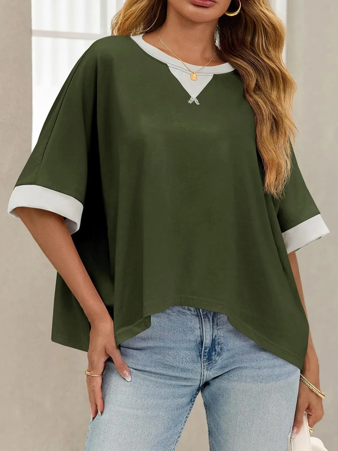 Tankaneo Womens Oversized Color Block T-Shirts Summer Casual Short Sleeve High Low Tops Flowy Loose Fit Crew Neck Shirts
