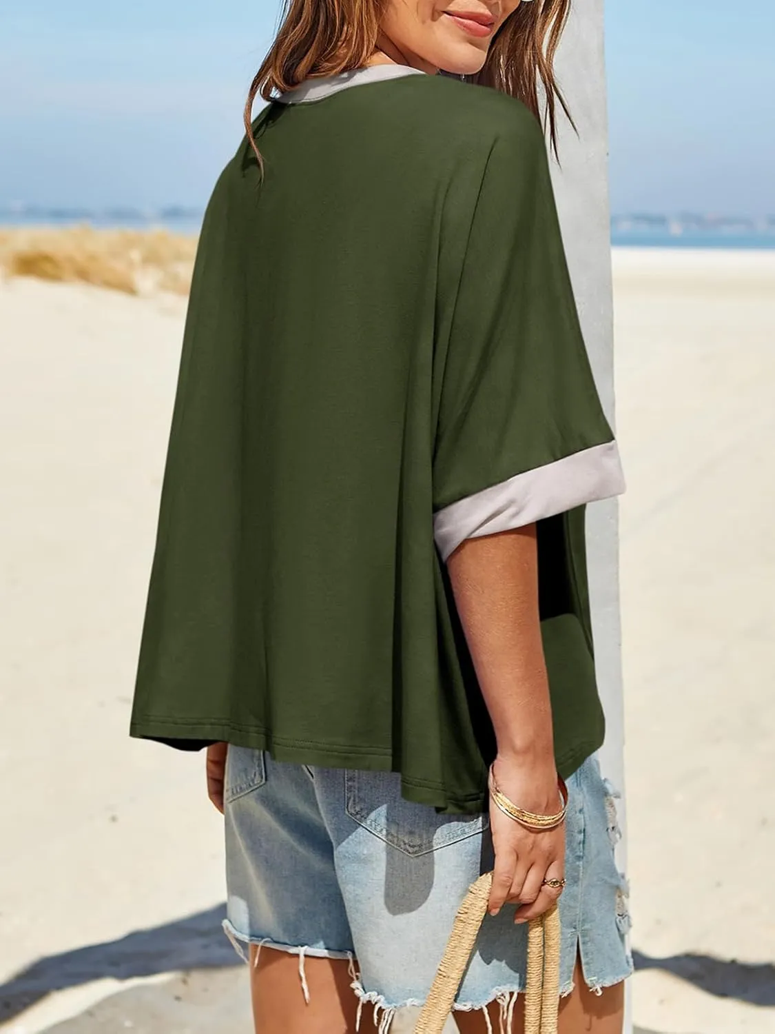 Tankaneo Womens Oversized Color Block T-Shirts Summer Casual Short Sleeve High Low Tops Flowy Loose Fit Crew Neck Shirts
