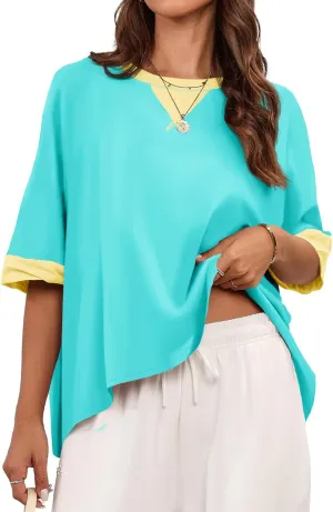 Tankaneo Womens Oversized Color Block T-Shirts Summer Casual Short Sleeve High Low Tops Flowy Loose Fit Crew Neck Shirts