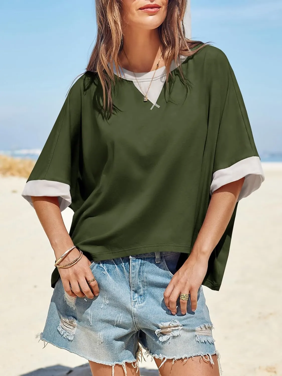 Tankaneo Womens Oversized Color Block T-Shirts Summer Casual Short Sleeve High Low Tops Flowy Loose Fit Crew Neck Shirts