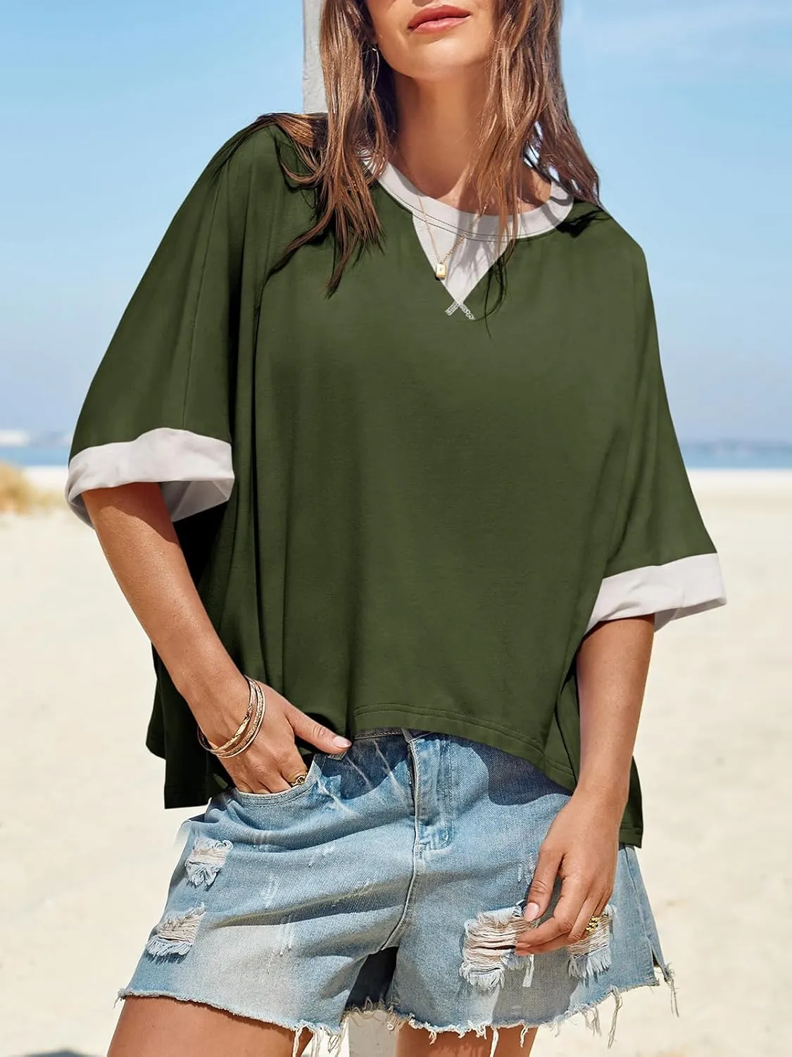 Tankaneo Womens Oversized Color Block T-Shirts Summer Casual Short Sleeve High Low Tops Flowy Loose Fit Crew Neck Shirts