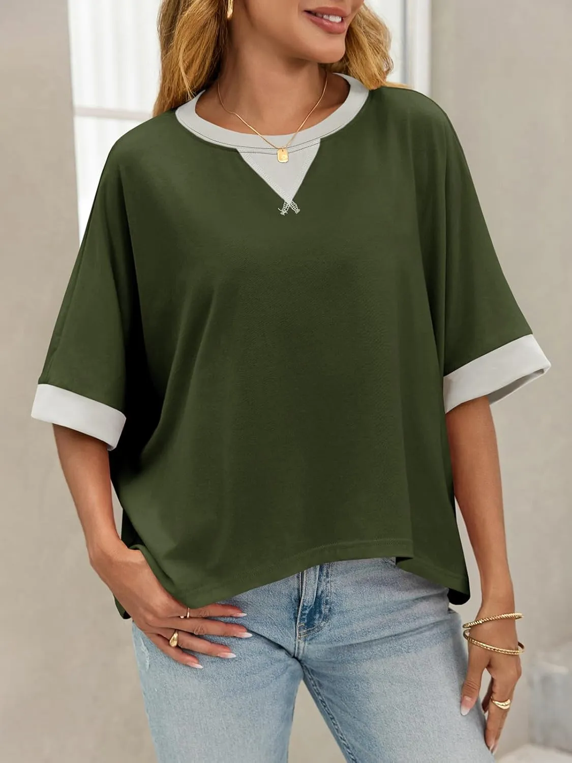 Tankaneo Womens Oversized Color Block T-Shirts Summer Casual Short Sleeve High Low Tops Flowy Loose Fit Crew Neck Shirts