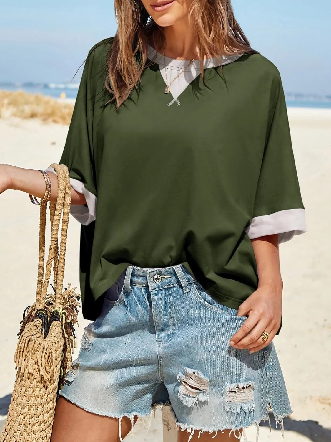 Tankaneo Womens Oversized Color Block T-Shirts Summer Casual Short Sleeve High Low Tops Flowy Loose Fit Crew Neck Shirts