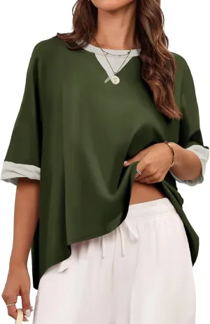 Tankaneo Womens Oversized Color Block T-Shirts Summer Casual Short Sleeve High Low Tops Flowy Loose Fit Crew Neck Shirts
