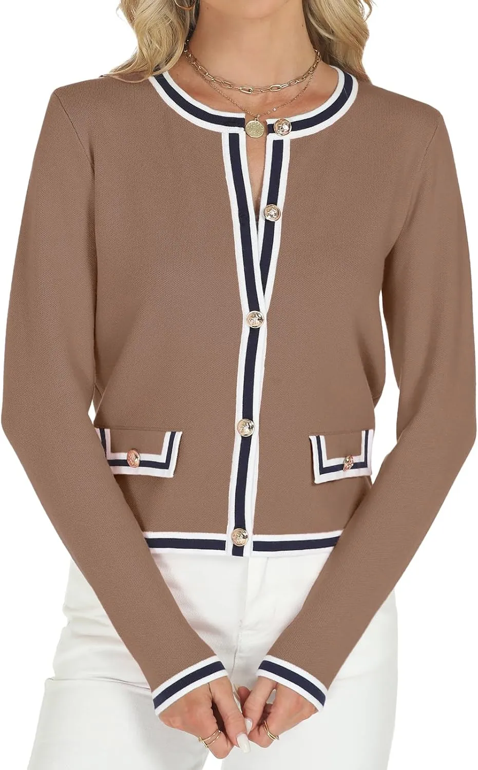 Tanou Women's 2025 Fall Crewneck Long Sleeve Casual Button Down Cardigan Sweater Knit Lady Jackets