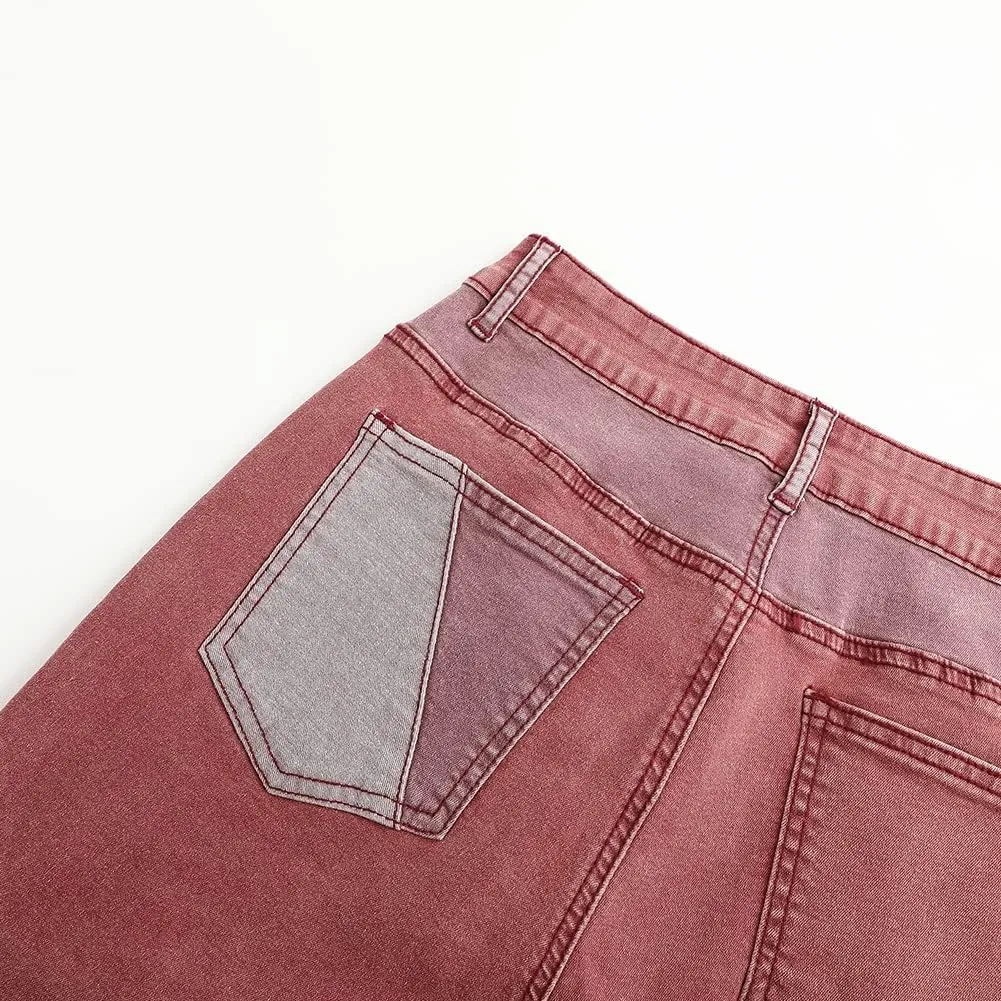 THUNDER STAR Women High Waist Patchwork Jeans Stretchy Denim Pants