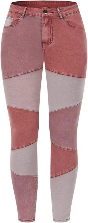 THUNDER STAR Women High Waist Patchwork Jeans Stretchy Denim Pants