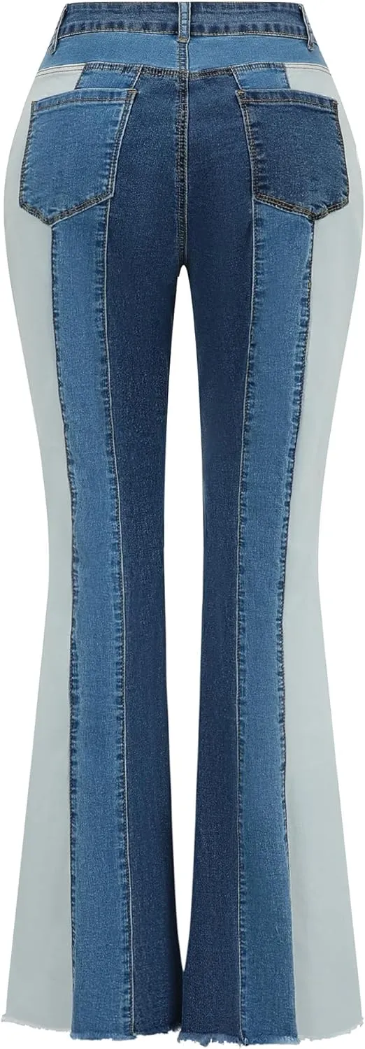 THUNDER STAR Women Patchwork Flare Jeans Stretch High Waisted Bell Bottom Raw Hem Denim Pants