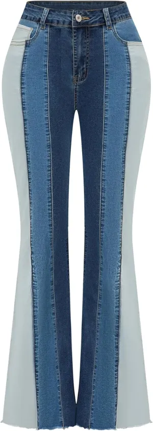 THUNDER STAR Women Patchwork Flare Jeans Stretch High Waisted Bell Bottom Raw Hem Denim Pants