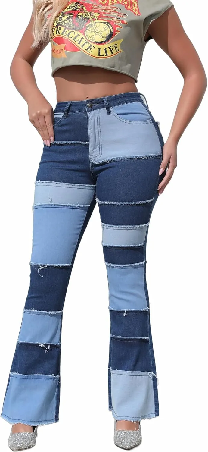 THUNDER STAR Women Patchwork Flare Jeans Stretch High Waisted Bell Bottom Raw Hem Denim Pants